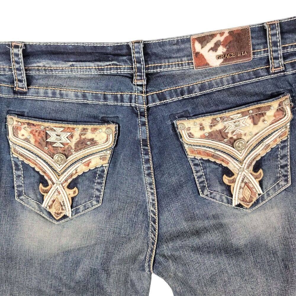 Grace in LA Bootcut Jeans Size 31 Western Rhinestone Embroidered Boho Pockets